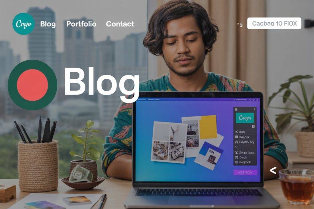 A Bangladeshi graphic designer creating vibrant designs with Canva Pro on a laptop, surrounded by a cozy desk with jute decor and tea.” (SEO-friendly, includes keywords like “Canva Pro” and “Bangladeshi”)