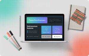 Flat-lay illustration of a laptop showing Canva Pro’s premium features, surrounded by design tools and Bangladeshi cultural elements.
