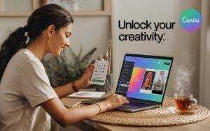 A Bangladeshi graphic designer happily working on Canva Pro, designing a vibrant social media post at a cozy desk.